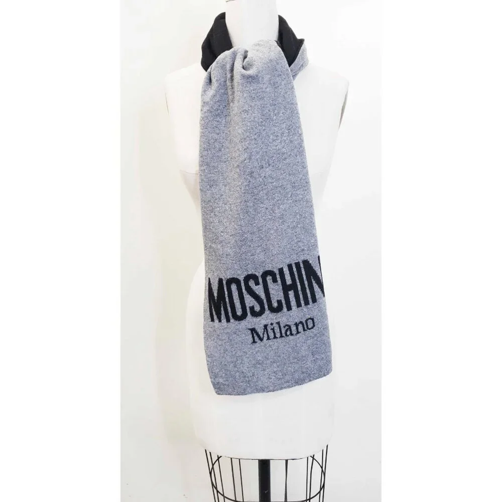 Moschino Unisex Wool Black Gray Logo Scarf Italy